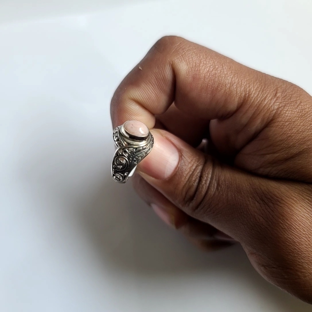 Peruvian Pink Opal Sterling Silver Ring Size 6 Ornate Filigree Design